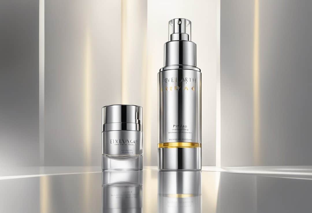 A sleek, modern bottle of Elizabeth Arden Prevage serum sits on a reflective surface, surrounded by soft, diffused light