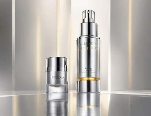 A sleek, modern bottle of Elizabeth Arden Prevage serum sits on a reflective surface, surrounded by soft, diffused light