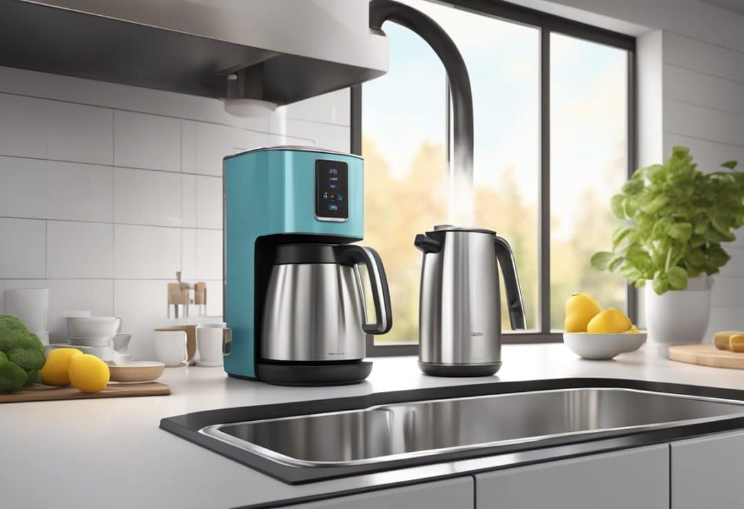 A modern kitchen with a sleek, stainless steel hot water dispenser on the countertop, steam rising from the spout as it pours hot water into a mug