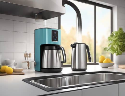 A modern kitchen with a sleek, stainless steel hot water dispenser on the countertop, steam rising from the spout as it pours hot water into a mug